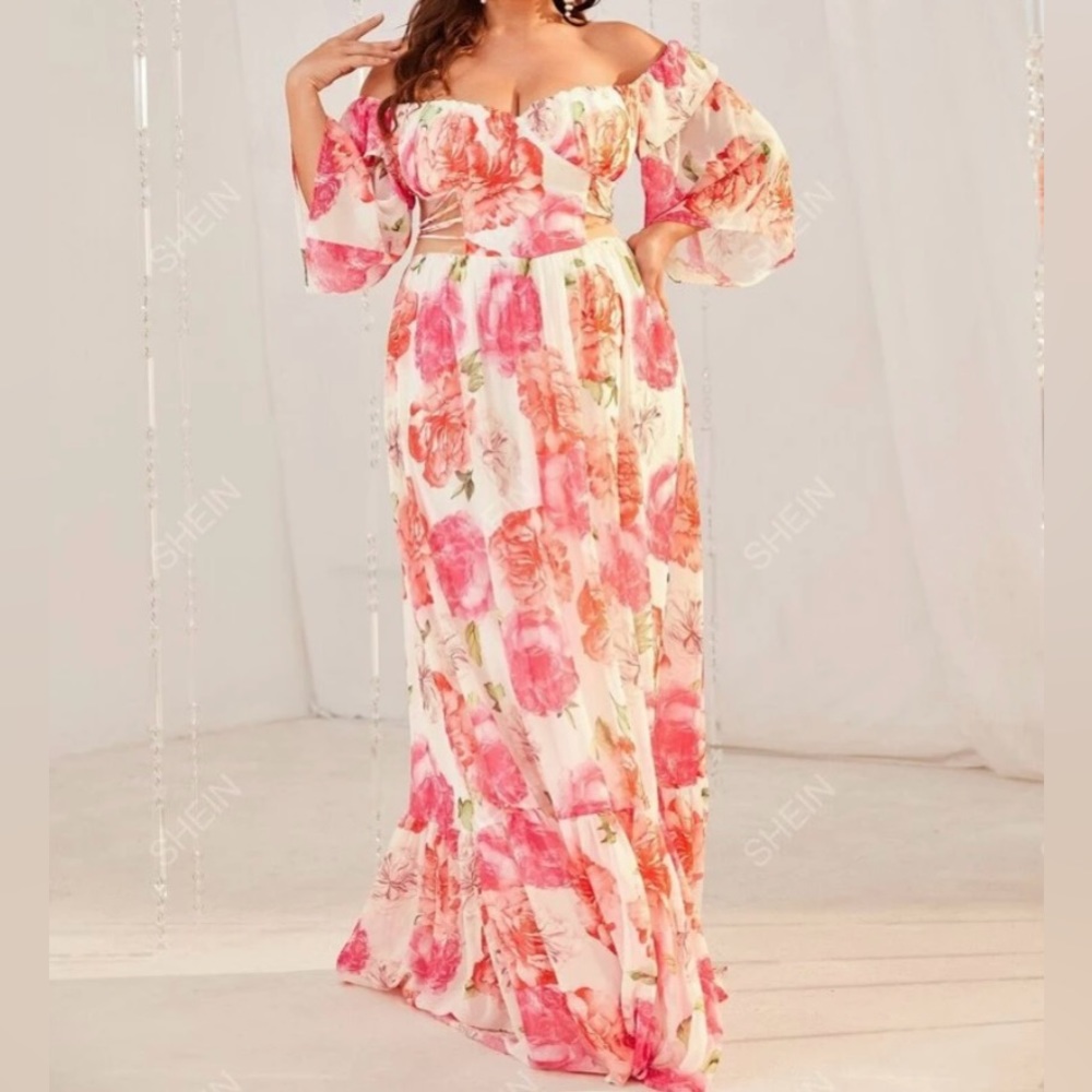 🌺 NWT Giffniseti Plus Floral Print Off Shoulder Cut Out Ruffle Hem Maxi Dress